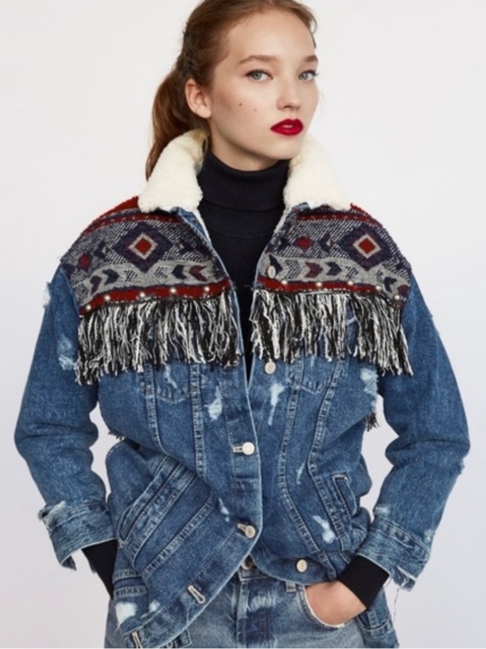 Zara Trafaluc Denim Wear Aztec Fringe Fleece Jacket Size Small